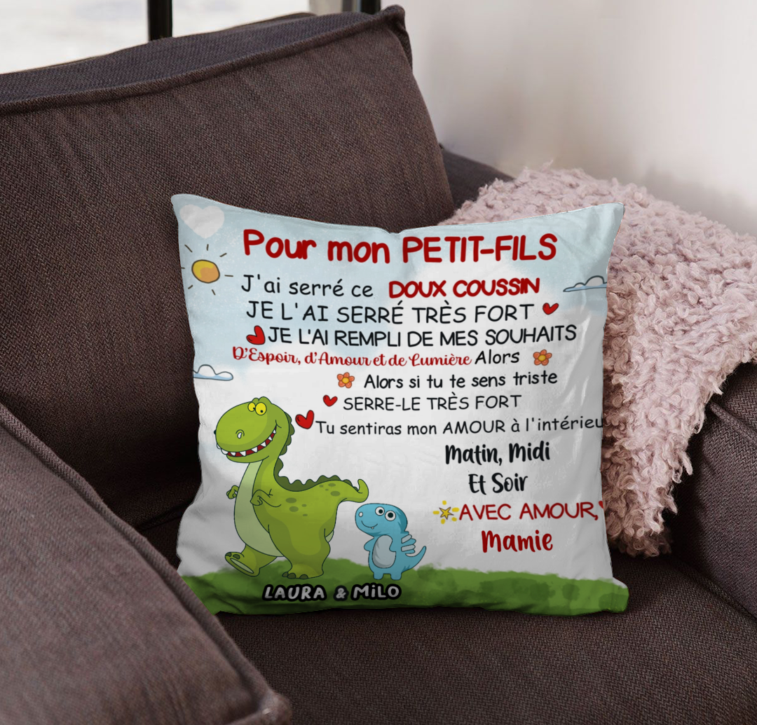 Pour mon Petit-fils/ma Petite-fille - Coussin Dinosaure Personnalisé Premium™