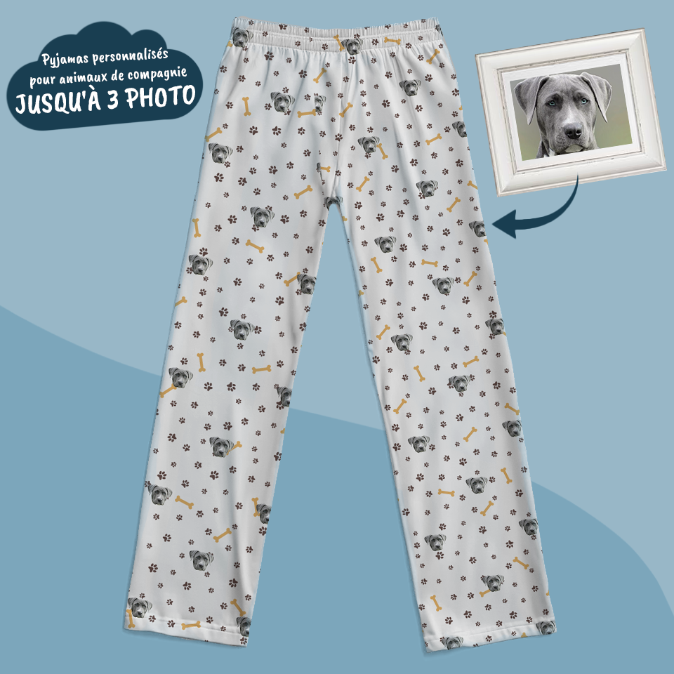 Pantalon de pyjama blanc avec empreintes et os – Design personnalisé avec animal (pour adultes et enfants)
