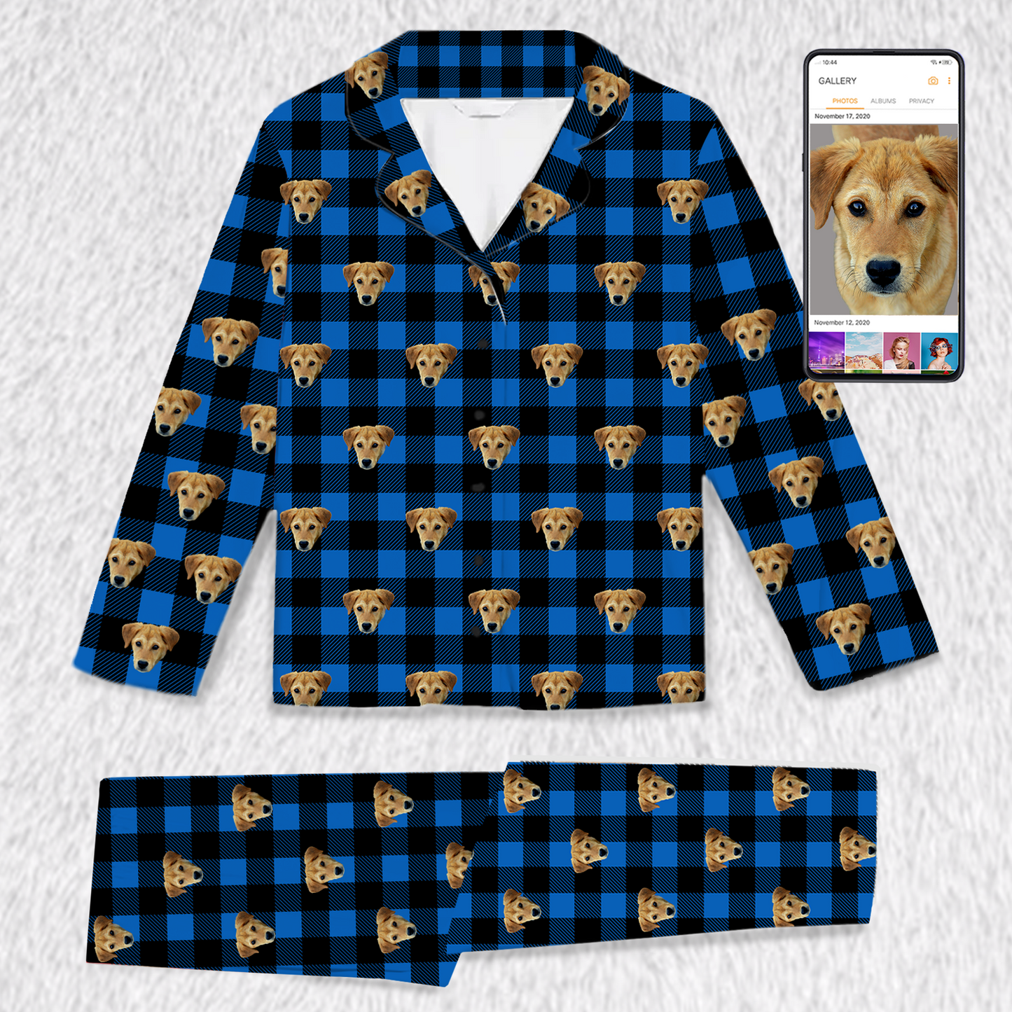 Pyjama à carreaux bleus – Design personnalisé avec animal (pour adultes et enfants)