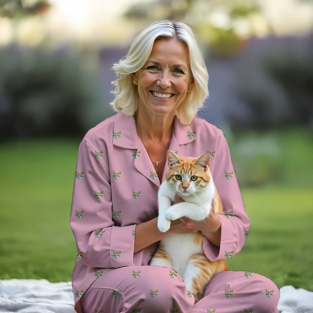 Femme portant un pyjama rose personnalisé avec un design de chat, tenant un chat roux à l'extérieur