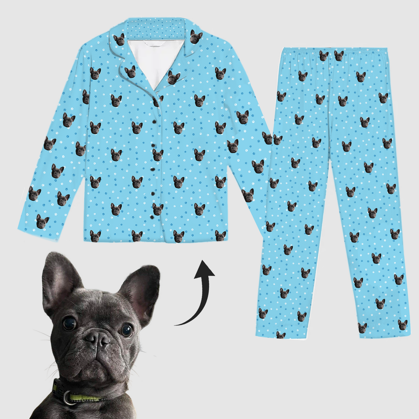 Pyjama bleu clair avec empreintes de pattes – Design personnalisé avec animal (pour adultes et enfants)