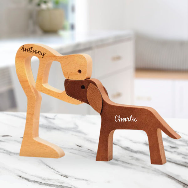 Sculpture Bois Fille Et Chiot - Décoration Famille Chien - Cadeau Amoureux Des Animaux